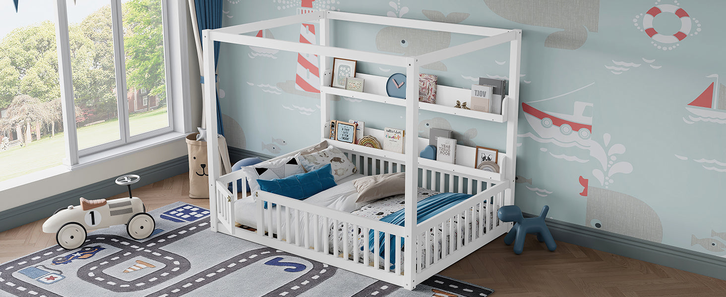 Full Size Canopy Bed with Guardrails, Solid Wood Floor Bed with Shelves, Montessori Floor Bed Frame for Kids, Boys, Girls, No Spring Box Needed, White