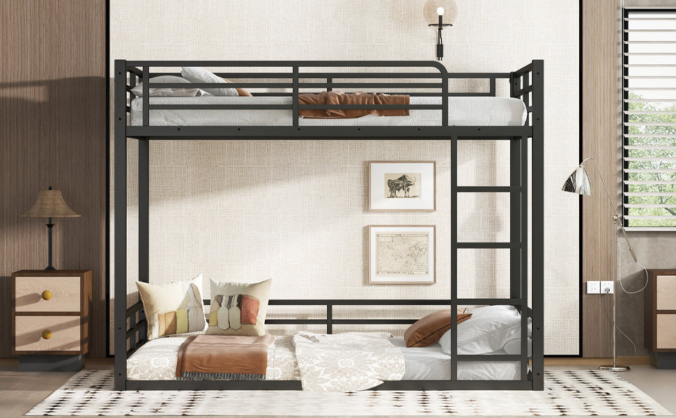 Metal Bunk Bed, Twin XL over Twin XL Floor Bunk Bed Frame, Heavy-Duty Bunk Bed for Kids, Teens, Adults, Noise-reduced Design, Black