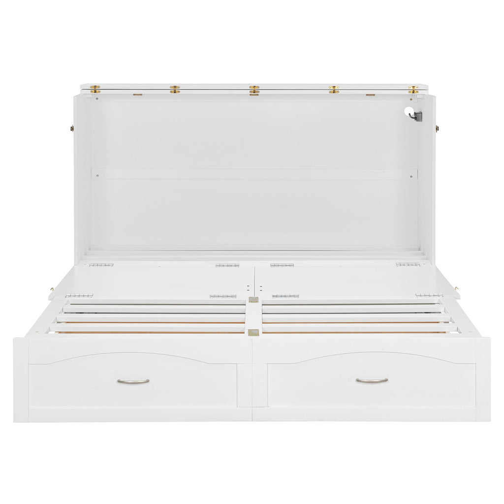 Queen Size Murphy Bed Wall Bed with drawer and a set of Sockets & USB Ports, Pulley Structure Design, White(OLD SKU: LP100671AAK)
