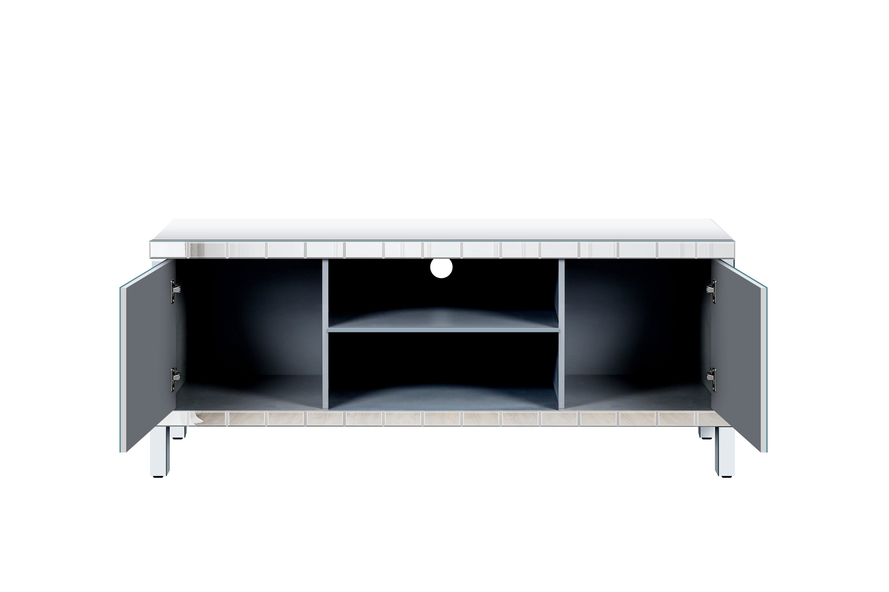 Mirrored TV Stand for 65+ inch TV,Sliver TV Console Table with Open Storage & 2 Storage Cabinets ,Diamond Shape Sparkling Mirror Doors for Living Room(59''W x 25.2''H x 15.7D)