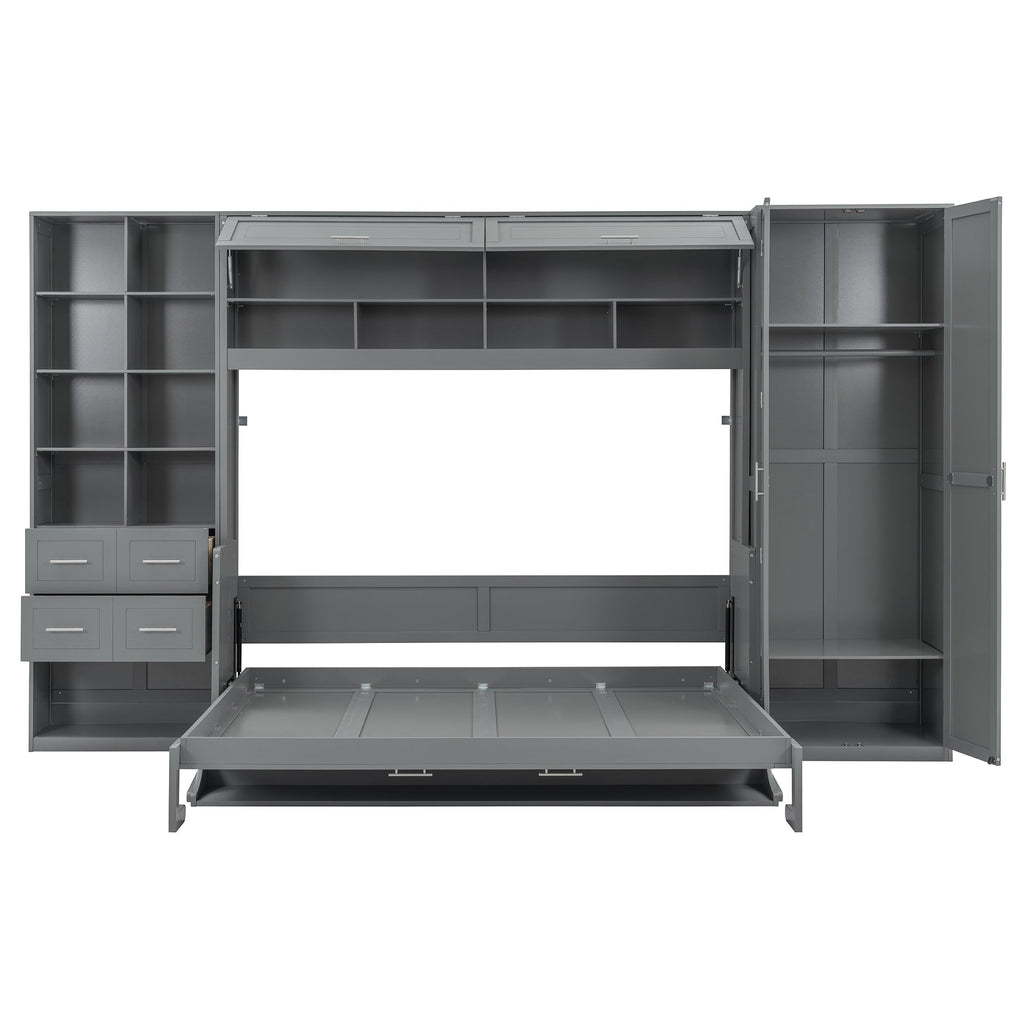 Queen Size Murphy Bed Wall Bed with Closet , Drawers and Shelves,Gray