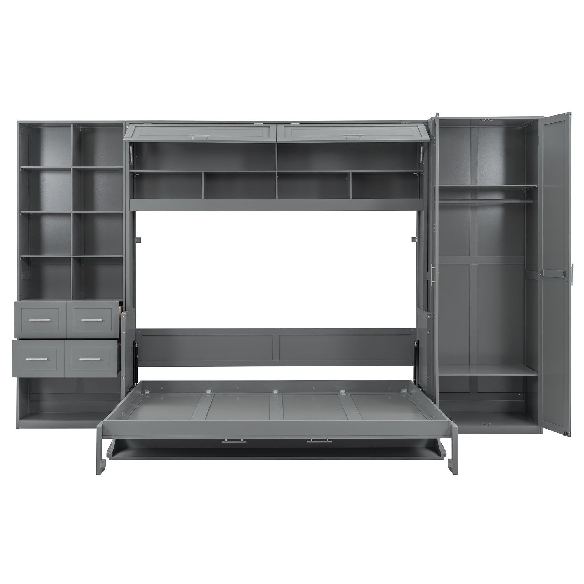 Queen Size Murphy Bed Wall Bed with Closet , Drawers and Shelves,Gray