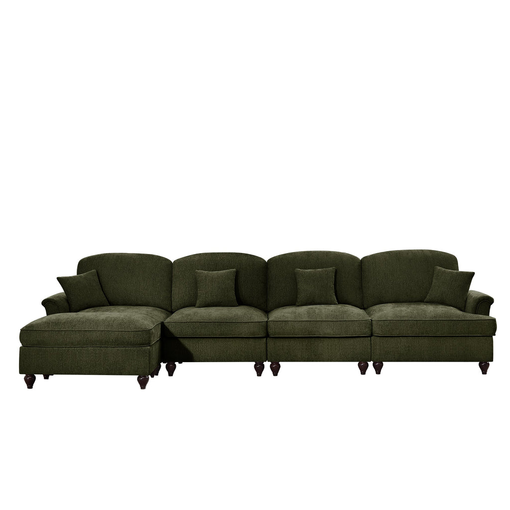Classic Three Seater Modular L Shaped Sectional Couch with Flared Arms and Removable Ruffles Pleats Skirts and Spindle Legs, Comfy Chenille Four-Seat Deep Seat Sofa with Movable Ottoman, Green