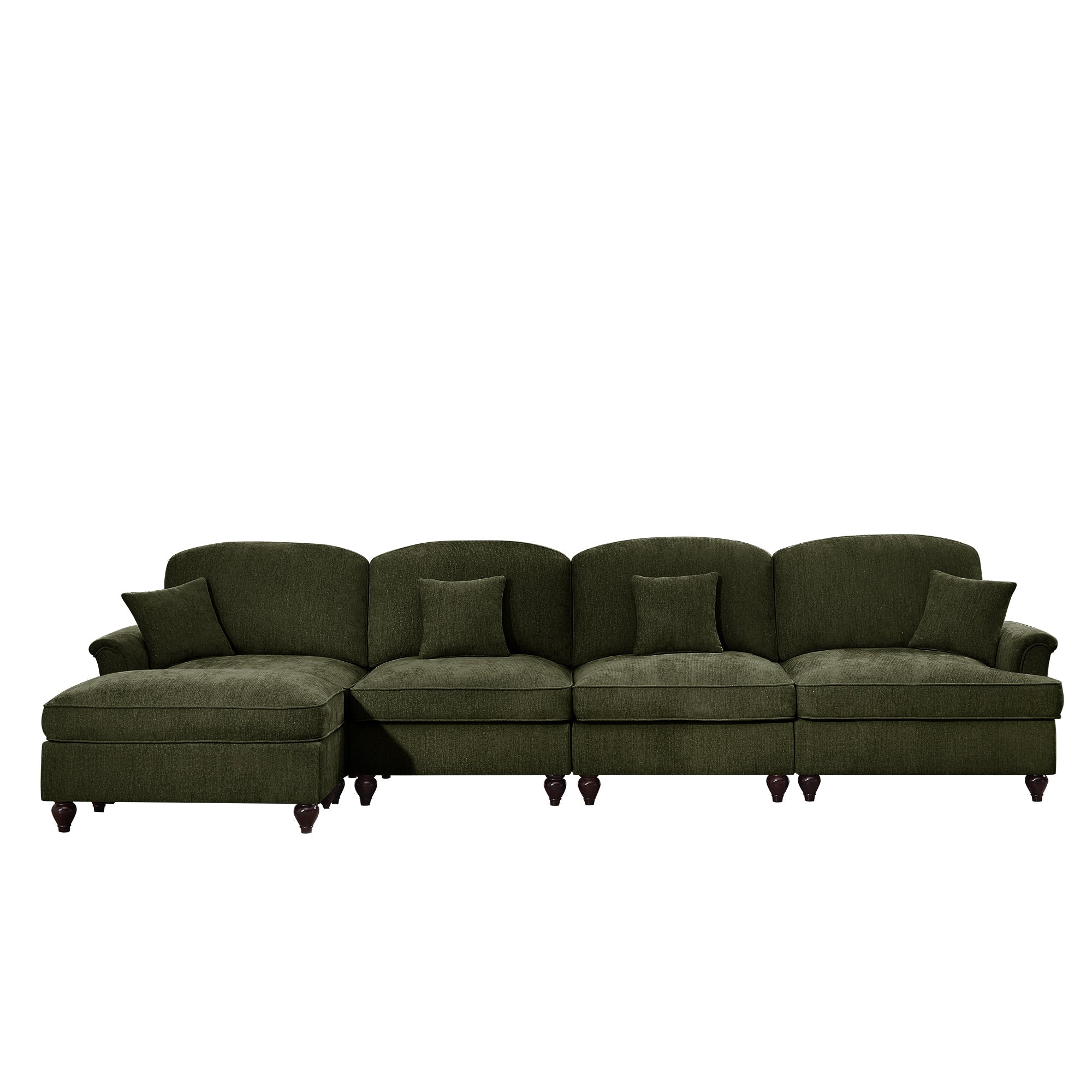 Classic Three Seater Modular L Shaped Sectional Couch with Flared Arms and Removable Ruffles Pleats Skirts and Spindle Legs, Comfy Chenille Four-Seat Deep Seat Sofa with Movable Ottoman, Green