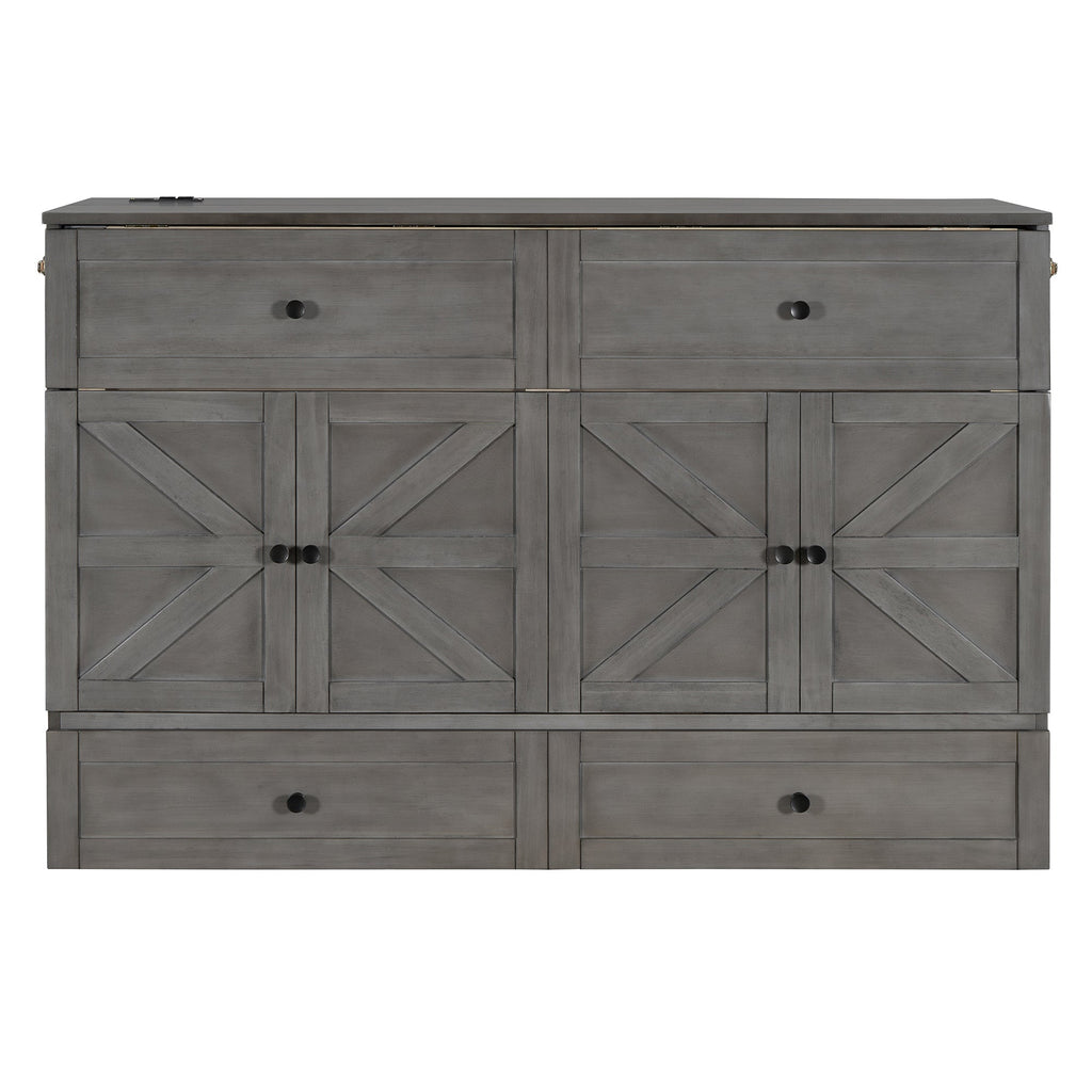 Queen Size Murphy Bed with Large Drawers & USB Ports,Brushed Gray