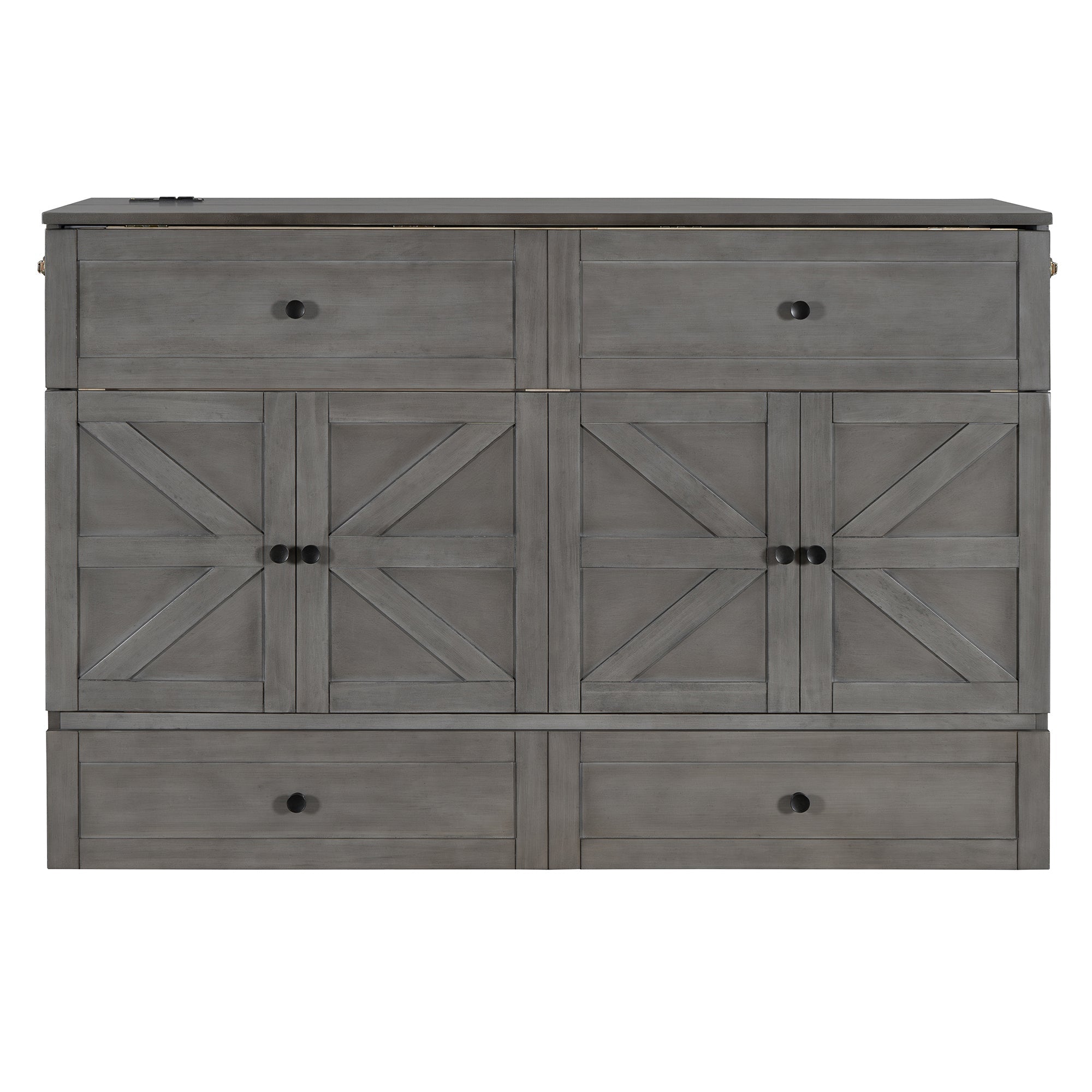 Queen Size Murphy Bed with Large Drawers & USB Ports,Brushed Gray