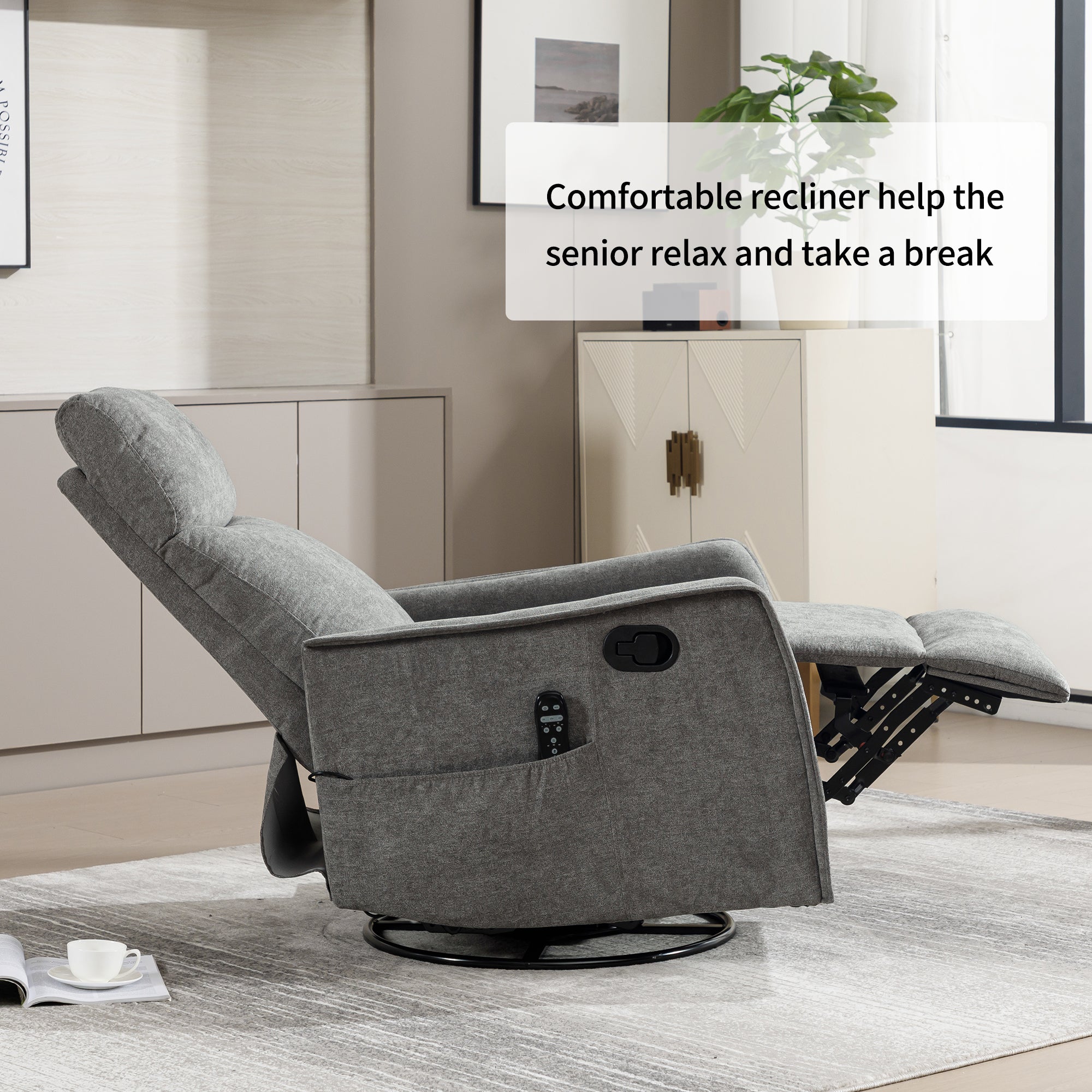 Heat Massage Manual Recliner Chair with Rocker and Swivel in Fabric for Living Room, Light Grey