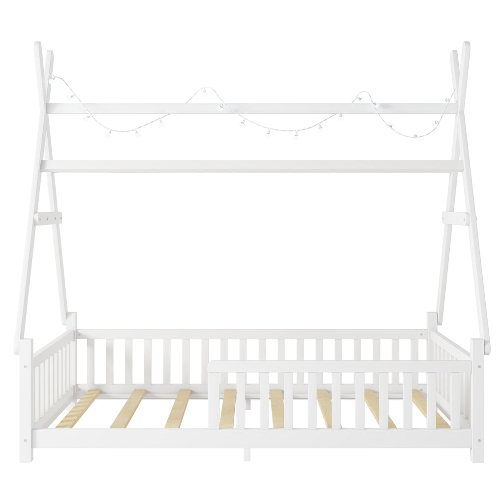 Twin House Bed with Light, Low Floor House Bed with Fence and Roof for Kids Boys Girls,White(Expect arrive date 2025/7/20)