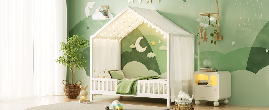 Montessori Floor Bed with Canopy, Twin Bed Frame for Kids, House Shape Kids Bed Frame with High Railings, Wood Kids Bed with Roof, Kid Twin Bed, White