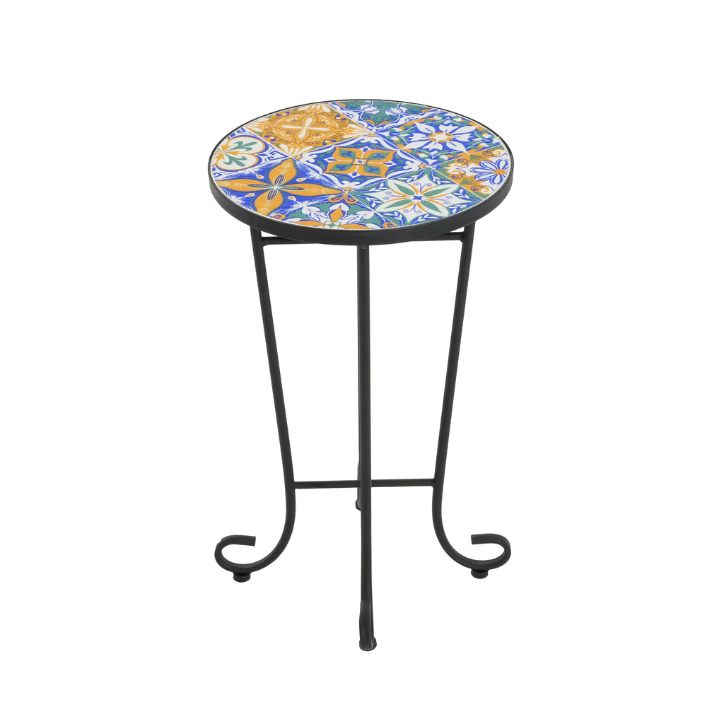 Vibrant French Country Patio Side Table with Colorful Ceramic Tile and Black Iron Frame