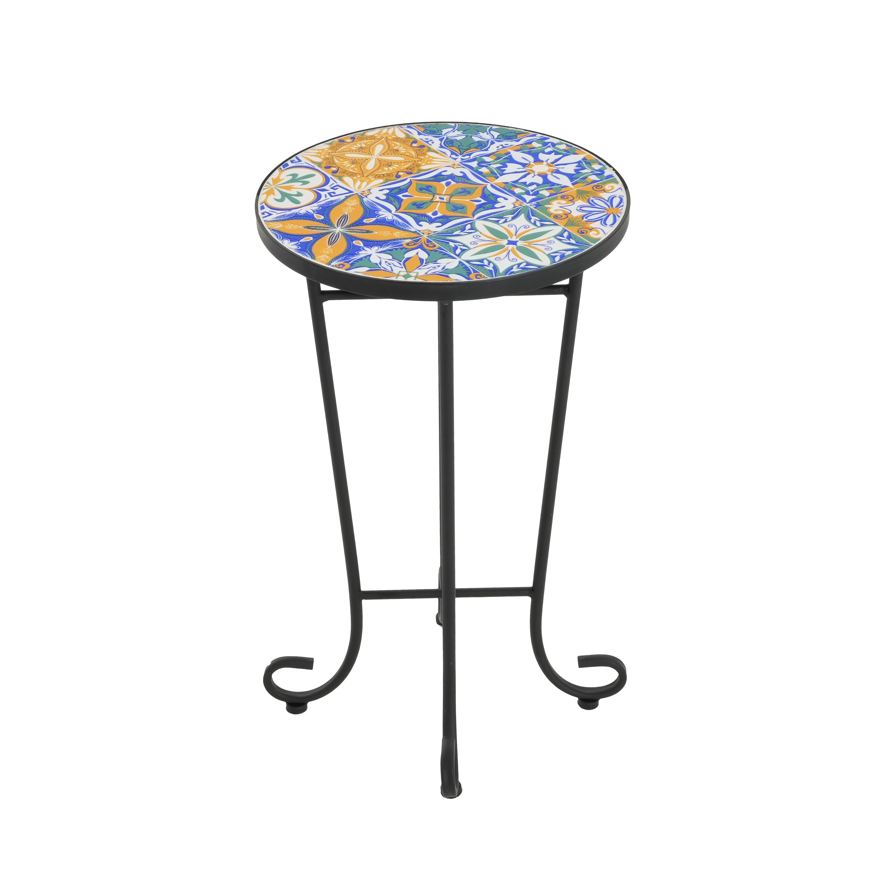 Vibrant French Country Patio Side Table with Colorful Ceramic Tile and Black Iron Frame