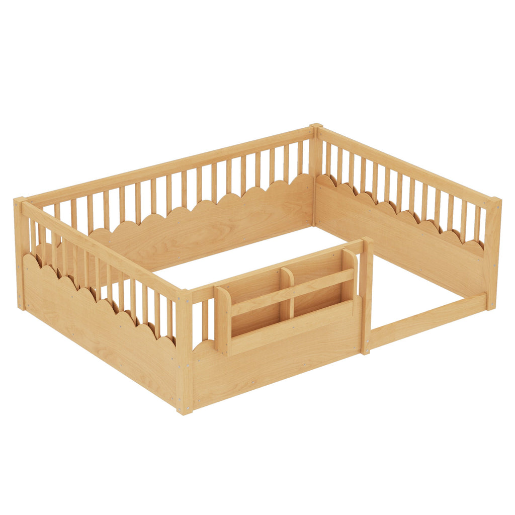 Full Floor bed with Heightened Fence and bookshelf ,Wood Floor Bed for Kids,Natural.