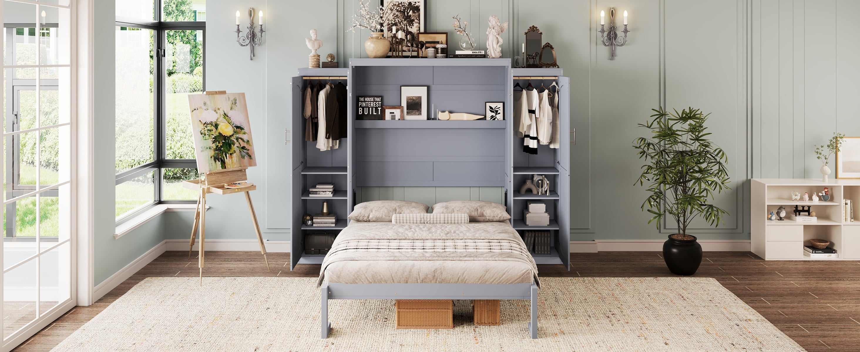 Full Size Murphy Bed, Wooden Full Wall Bed with 2 Wardrobe and Storage Shelf, Multifunctional Foldable Platform Bedframe for Guest-Room, Bedroom, Gray