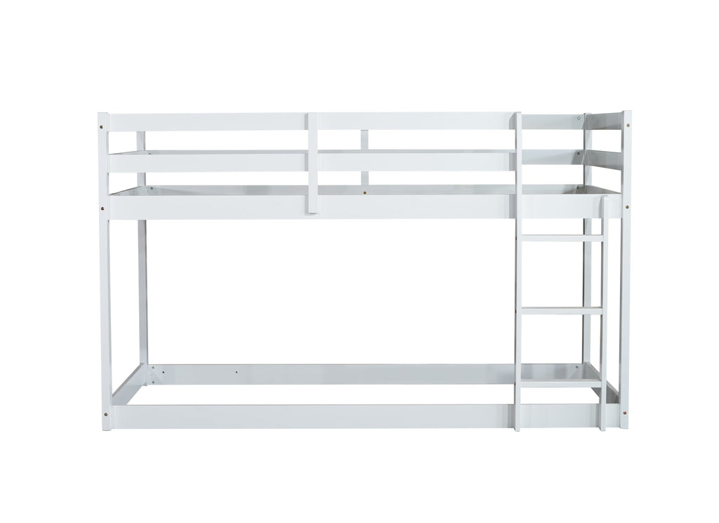 Solid Wooden, Solid Rubber Wooden Twin over Twin Floor Bunk Bed with Ladder, with Bed Platform of Strengthened Slats,White