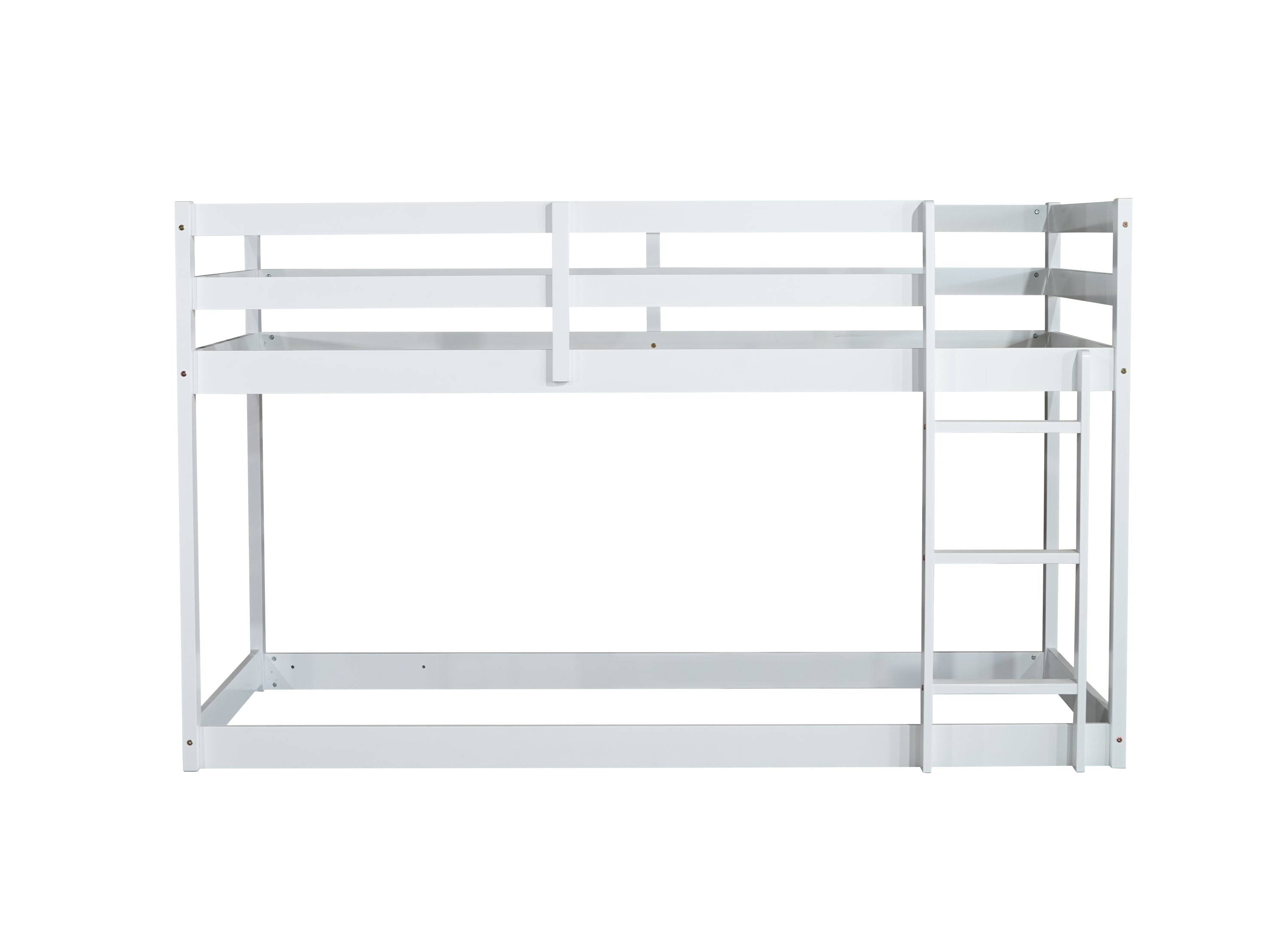 Solid Wooden, Solid Rubber Wooden Twin over Twin Floor Bunk Bed with Ladder, with Bed Platform of Strengthened Slats,White