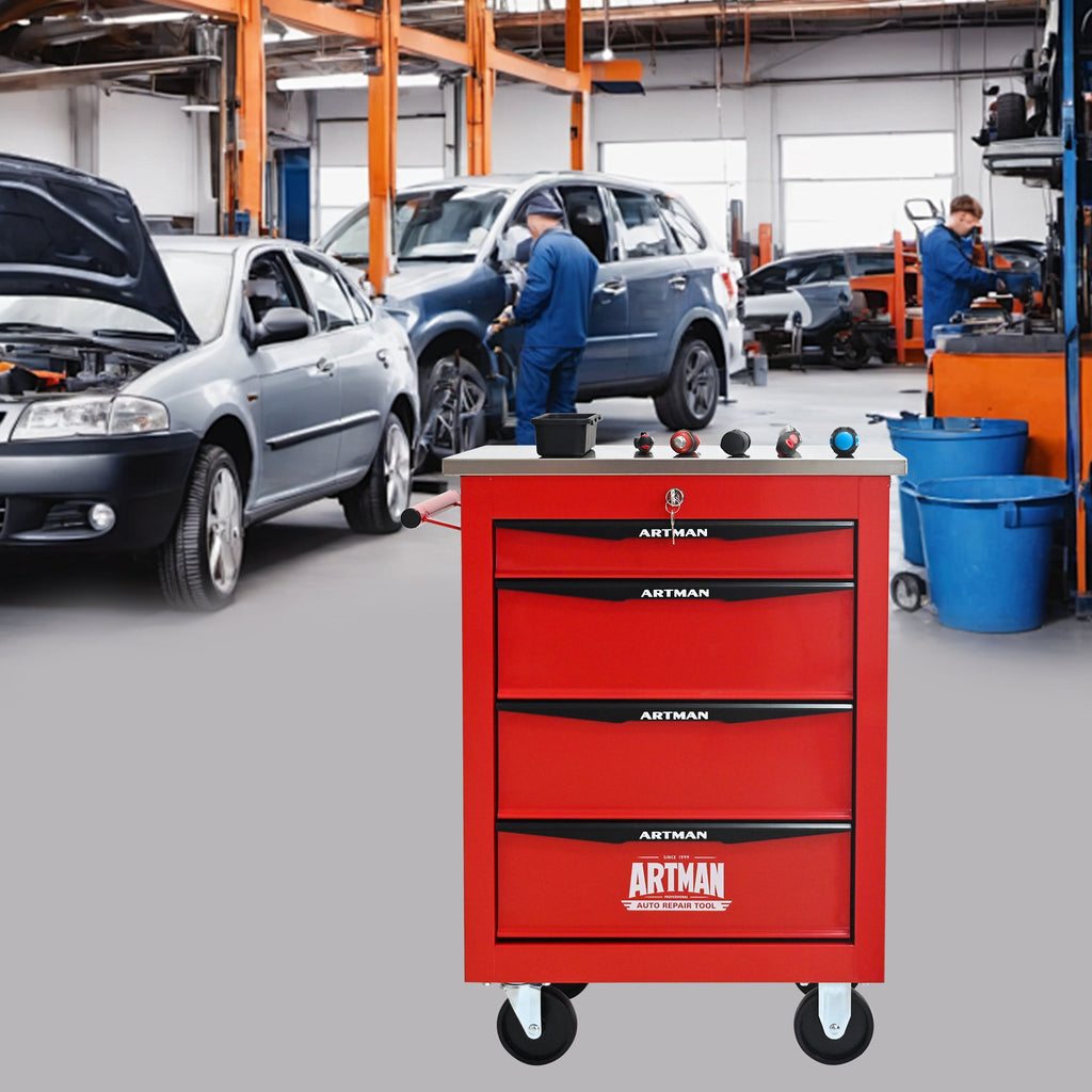 4 Drawers Multifunctional Tool Cart with Wheels,Metal Rolling Tool Cart Storage for Garage Workshop Warehouse Repair Shop--With  Stainless Steel Roof- Red&Black