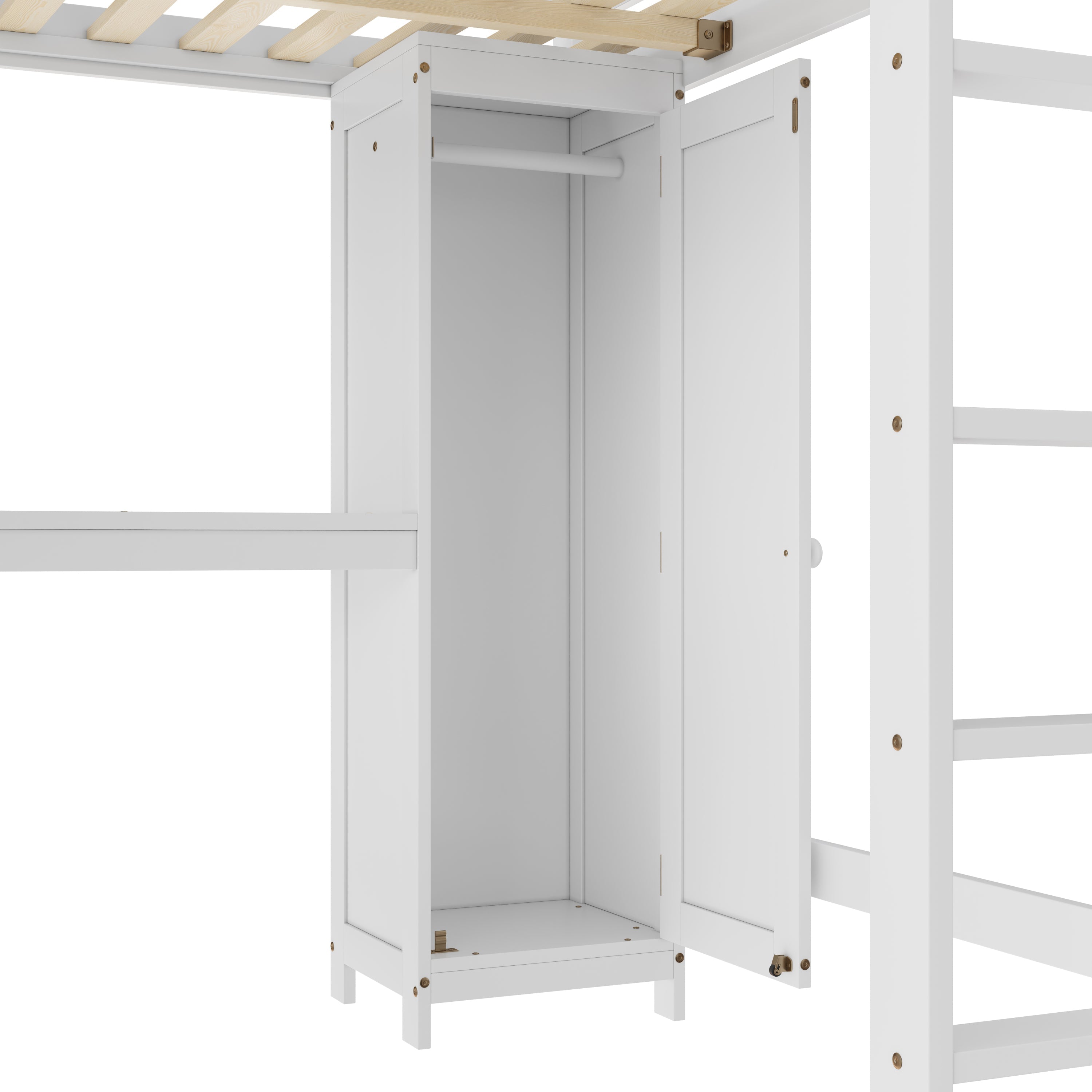 Wood Loft Bed with Cabinet and Bookshelf, Queen Size Loft with Wardrobe and Desk for Kids,White