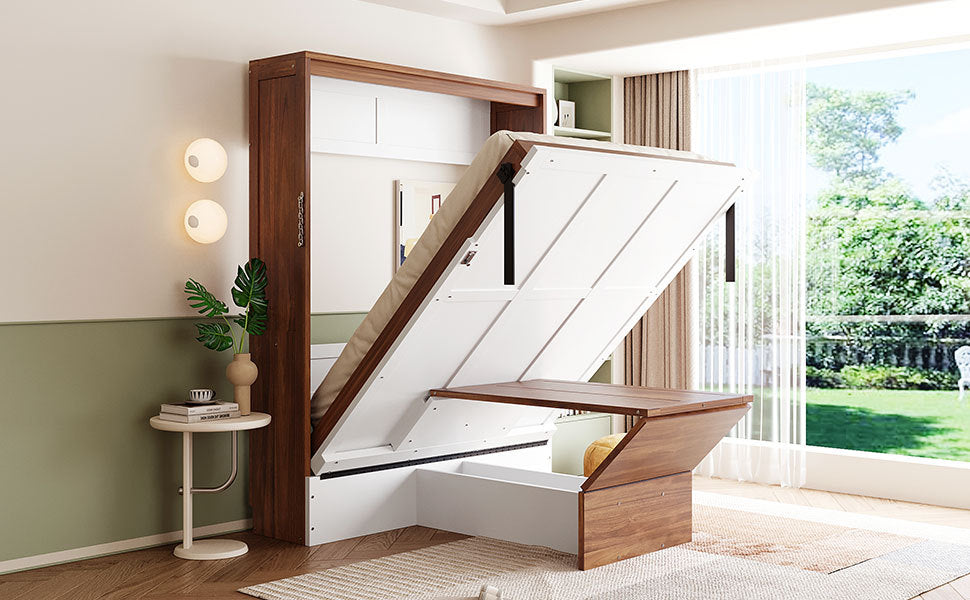Full Size Murphy Bed with Foldable Desk – Space Saving Wall Bed - Walnut & White