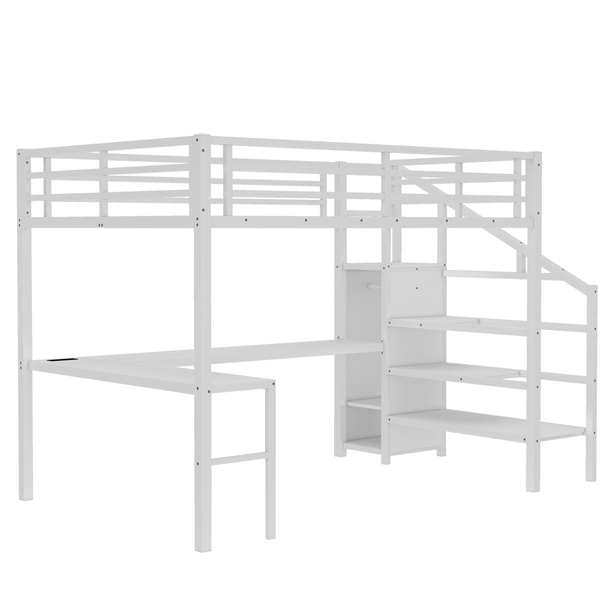 Queen Size Loft Bed with L-shaped Desk and USB, Metal Loft Bed with Wardrobe and Adjustable Shelf, High Loft Bed with LED for Kids Teens Adults, White