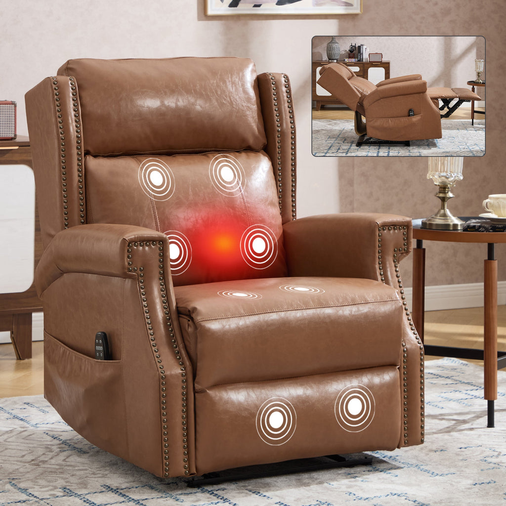 Camel Manual Recliner Chair in Faux Leather for Living Room with Heavy Duty Motion Mechanism, 8 vibrating nodes and 3 massage modes.