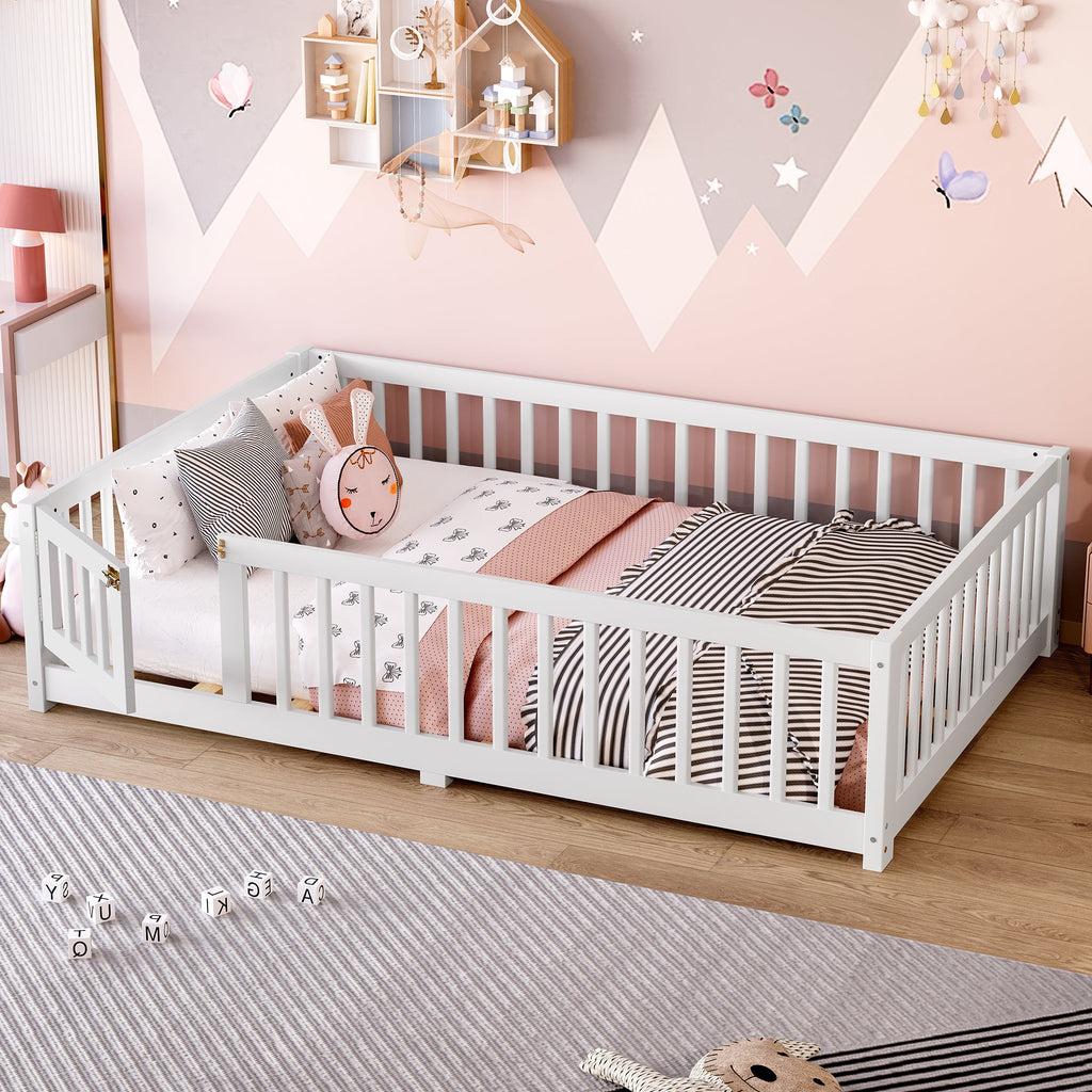 Full Size Bed Floor Bed with Safety Guardrails and Door for Kids, White(Old SKU: W1580P154625)