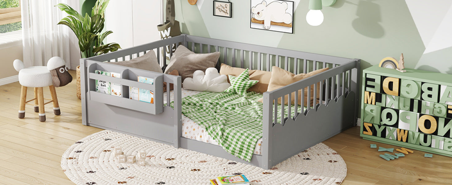 Full Floor bed with Heightened Fence and bookshelf ,Wood Floor Bed for Kids,Gray.
