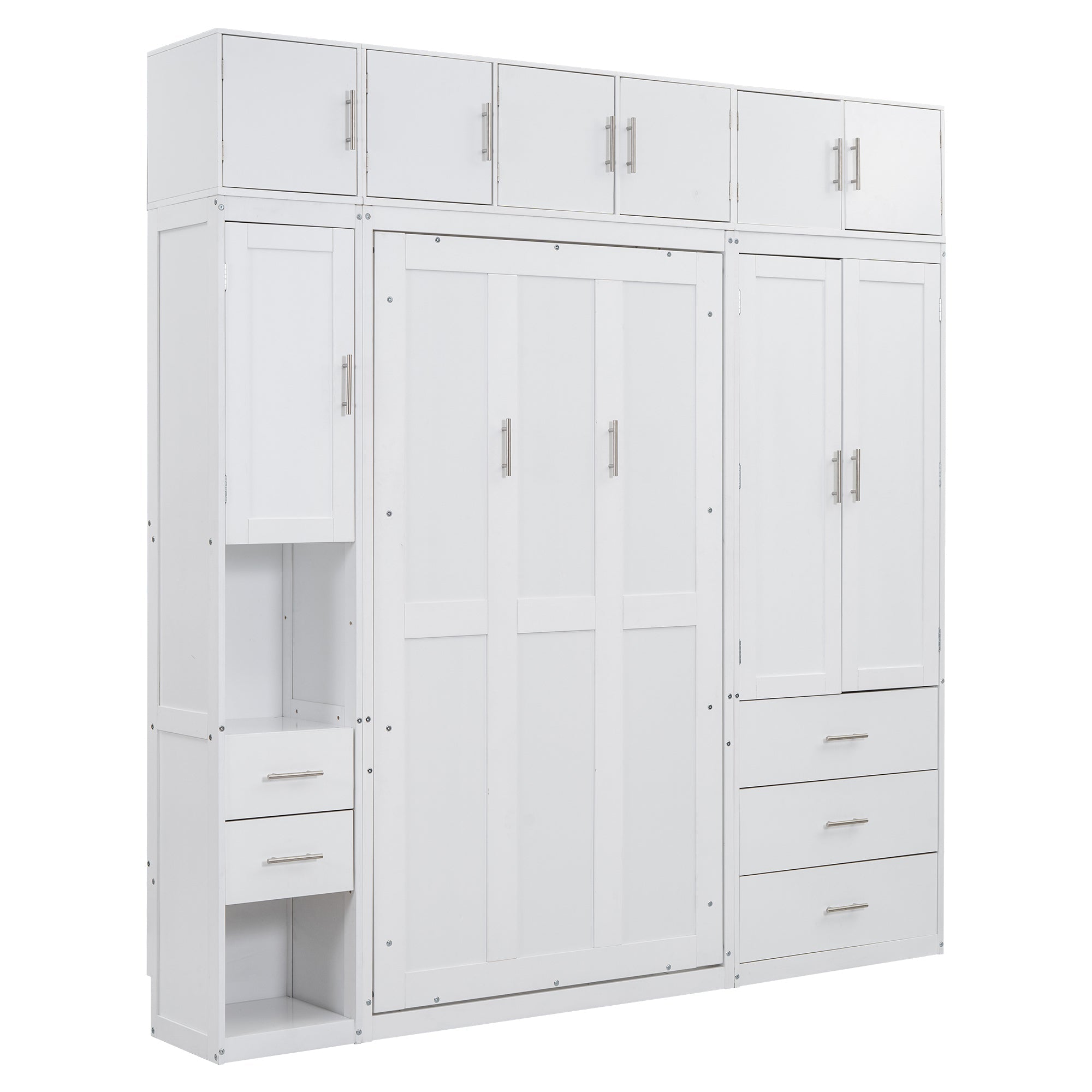 White Twin Size Murphy Bed with Lockers and Wardrobes, MDF+Pine, 93.2''L x 15.7''W x 99''H
