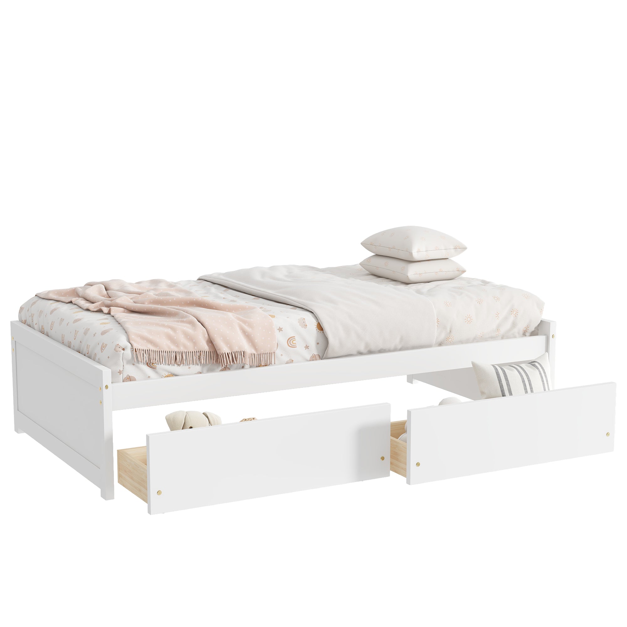 Twin Size Bed with 2 Drawers, Solid Rubber Wood Bed,White