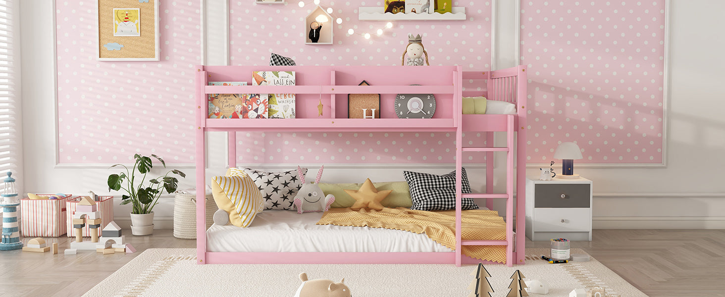 Low Twin Over Twin Bunk Bed, Floor Bunk Bed with Ladder, Solid Wood Twin Bunk Bed for Kids & Juniors, Pink(Expect Arrival Date 2025/11/25)