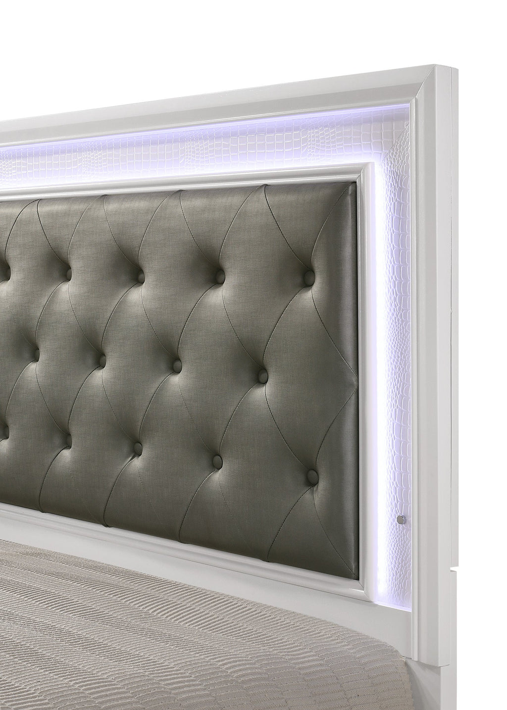 Modern White Crocodile Skin Finish Upholstered 1pc Full Size LED Panel Bed Faux Diamond Tufted Bedroom Furniture