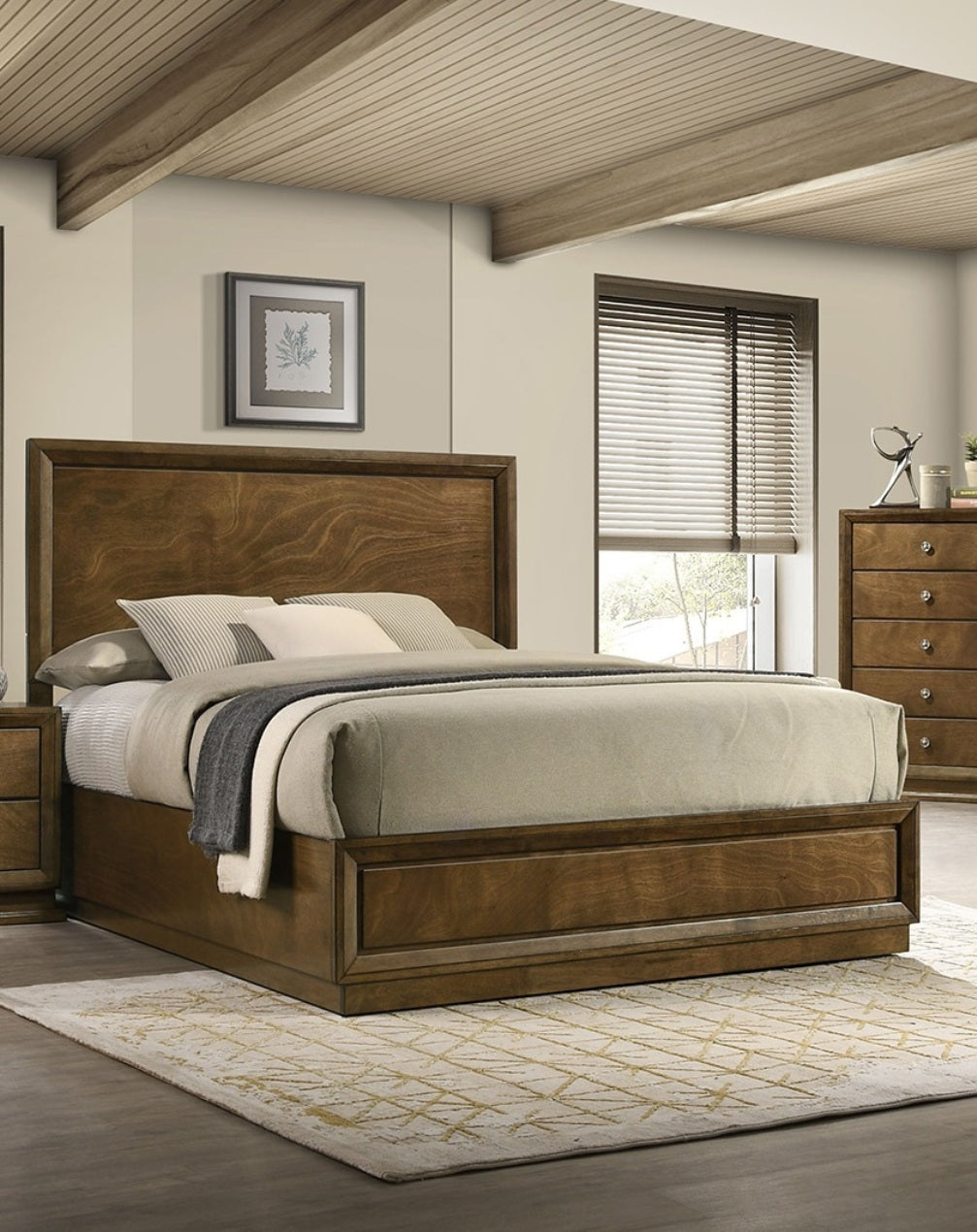 Walnut Color Transitional Style Full Size Bed 2x Nightstands 3pc Set Bedroom Furniture Metal Knobs