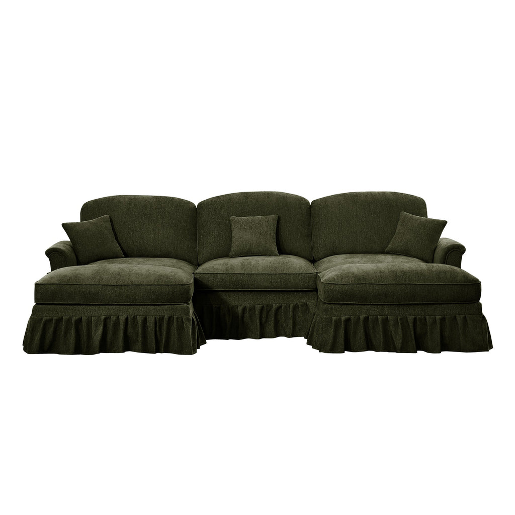 Classic Comfy Modular U Shape Sectional Sofa Couch with Flared Arms and Removable Ruffles Pleats Skirts and Spindle Legs, Upholstered Chenille Deep Seat Cloud Sofa with Movable Ottomans,Green