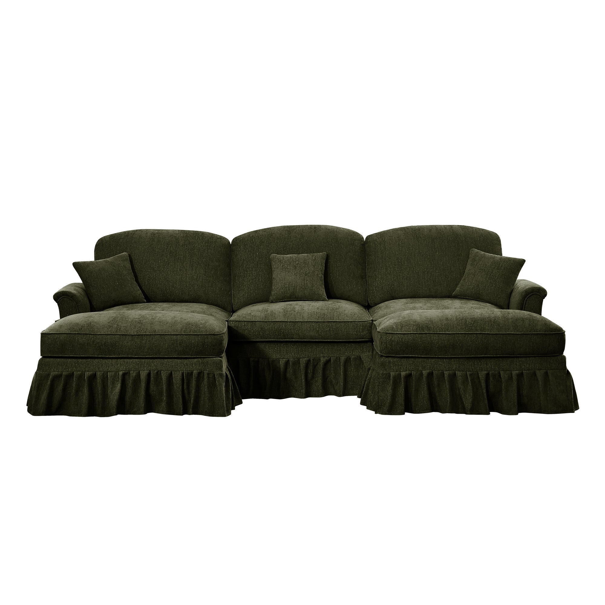 Classic Comfy Modular U Shape Sectional Sofa Couch with Flared Arms and Removable Ruffles Pleats Skirts and Spindle Legs, Upholstered Chenille Deep Seat Cloud Sofa with Movable Ottomans,Green