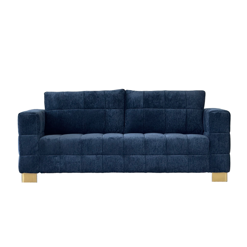 FX-P54-RB SOFA  Retro Blue Chenille Upholstered Couch, Wide-Arm 3-Seater with Custom Stainless-Steel Legs & Tufted Seat  Modern Living Room Sofa for Comfort & Style