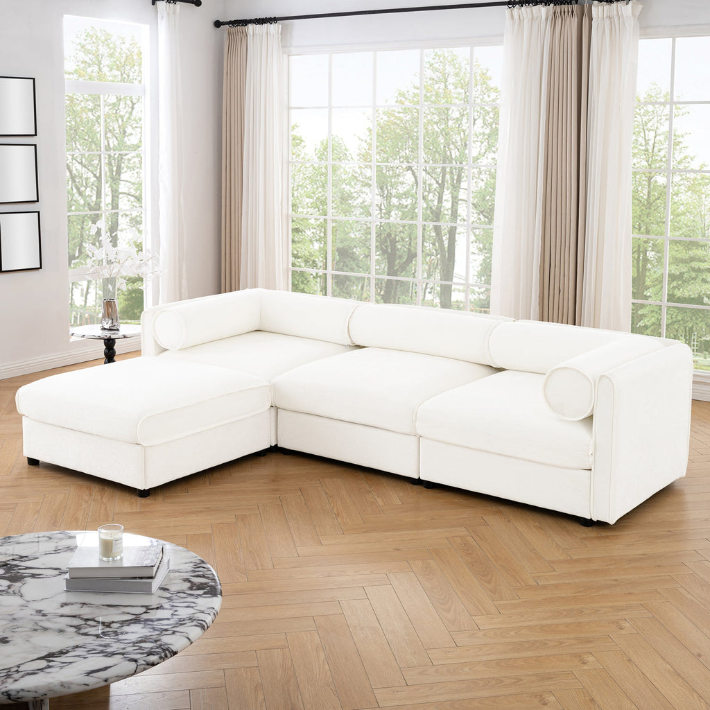 Elegant White Chenille  Sofa with Storage Seat and Ottoman, L-Shaped 3-Seater Cylindrical Backrest and Armrests, Contemporary 3-Seater Fabric Couch with Hidden Storage Compartment