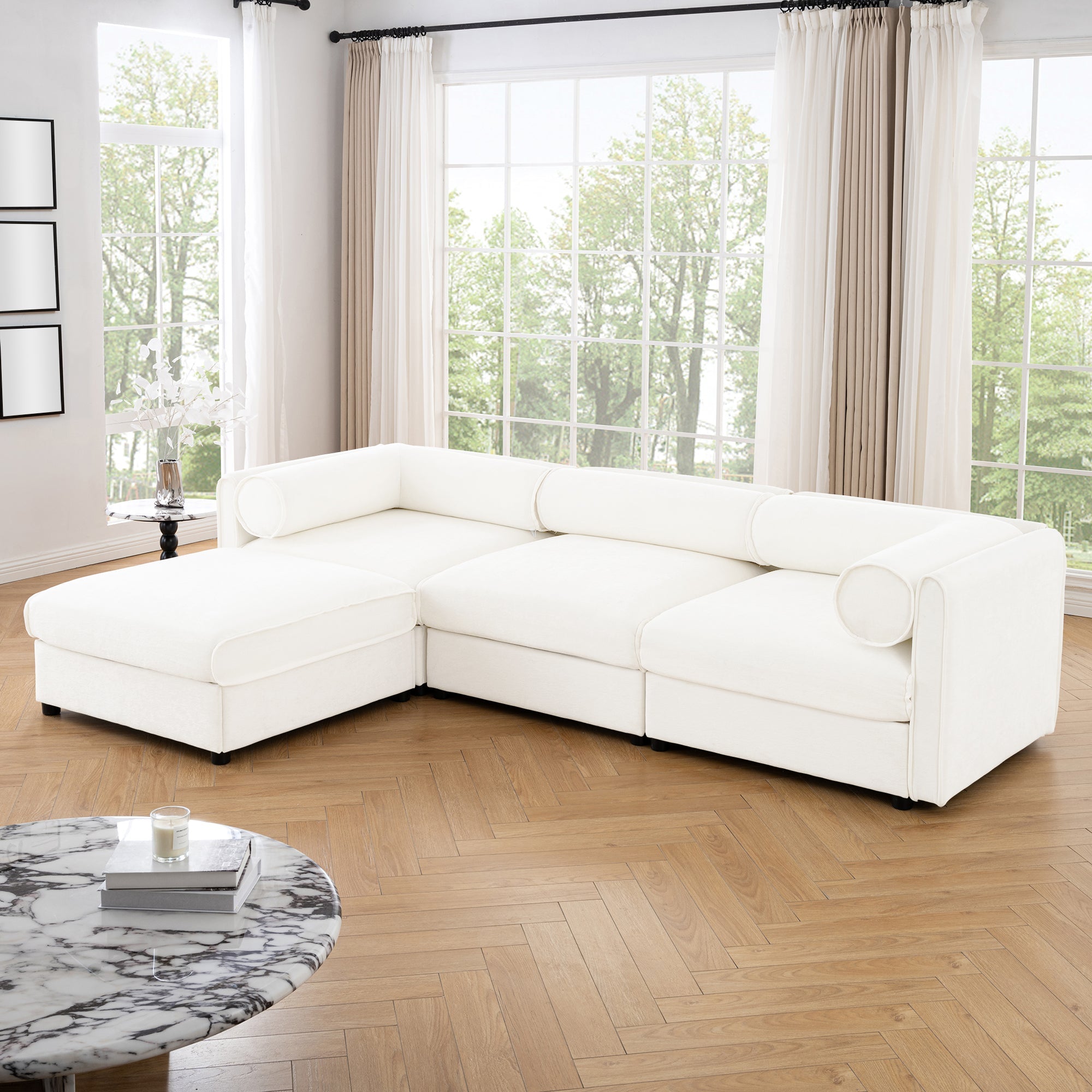 Elegant White Chenille  Sofa with Storage Seat and Ottoman, L-Shaped 3-Seater Cylindrical Backrest and Armrests, Contemporary 3-Seater Fabric Couch with Hidden Storage Compartment