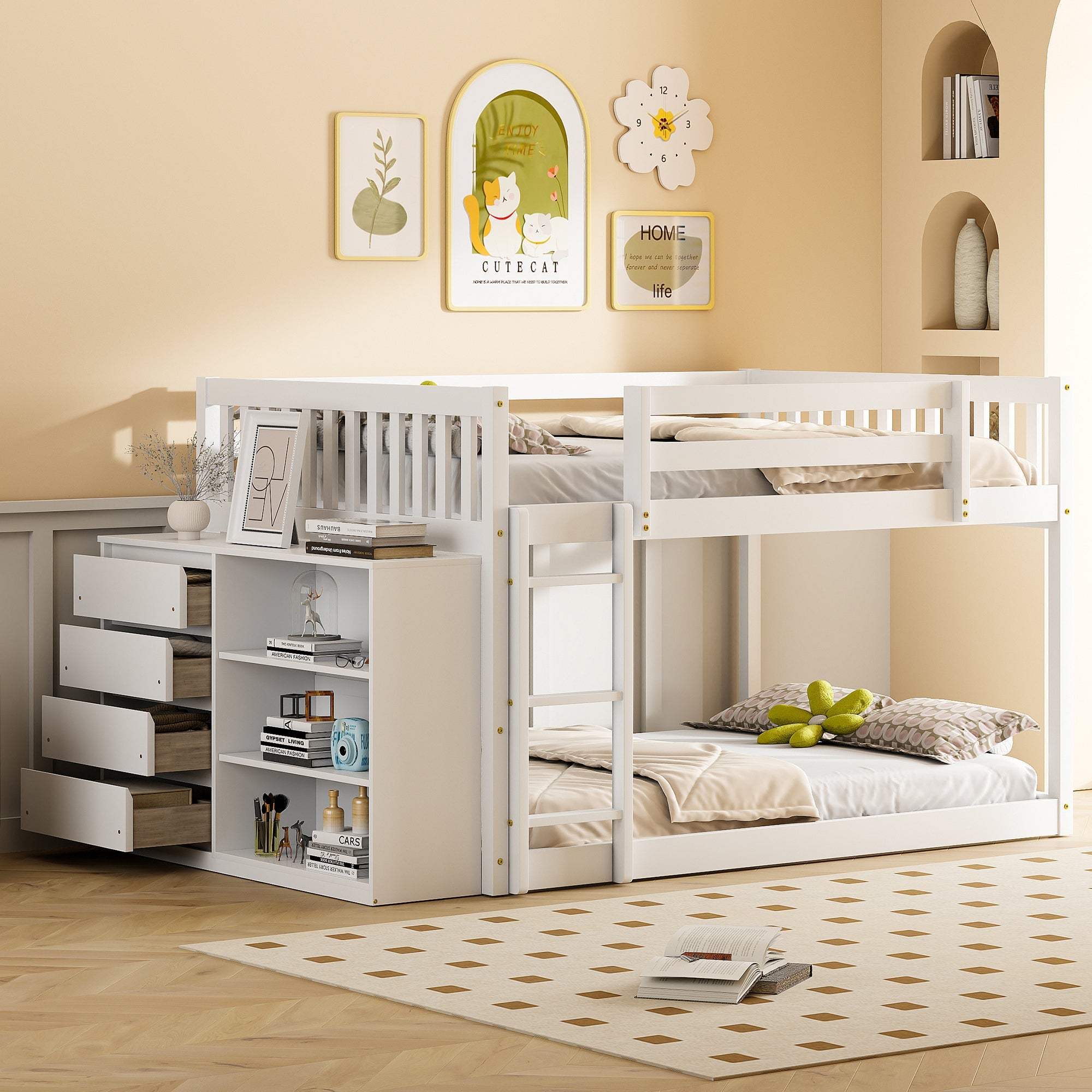 Elegant White Full Over Full Bunk Bed with Storage and Shelves - Solid Wood and Durable Design