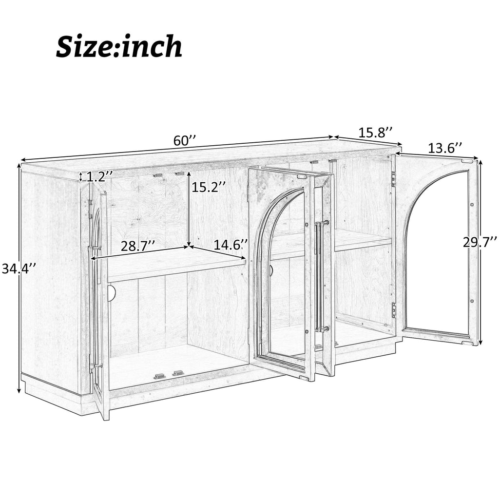 TREXM 4-Door Large Storage Sideboard Buffet Cabinet with Glass Doors, Arched Cabinet with Adjustable Shelves for Kitchen, Dining Room and Living Room (Natural Wood)