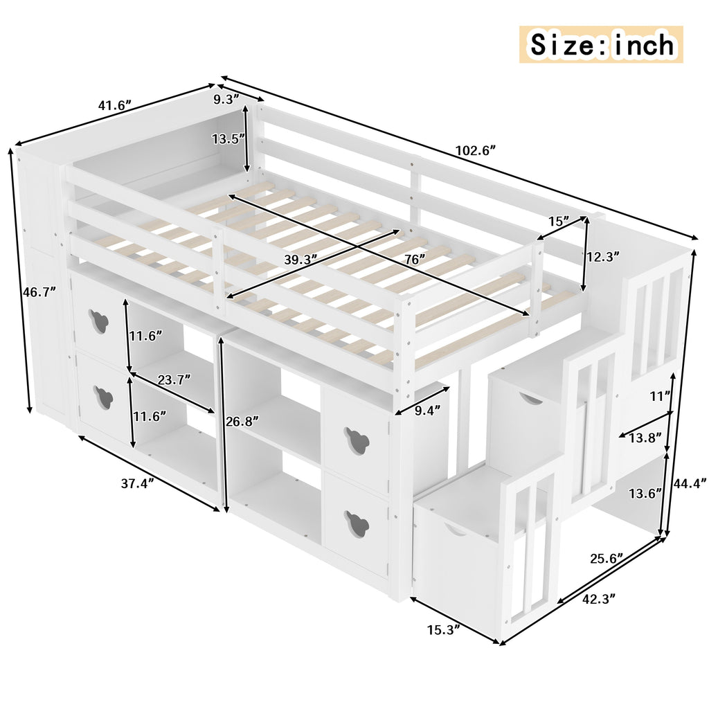 Kids Twin Loft Bed with Storage Cabinets, Staircase Drawers & LED Lights – Solid Wood Low Loft Bed with Shelves, Guardrails, and Fun Bear Handles – Space-Saving Design for Boys & Girls Bedroom (White)