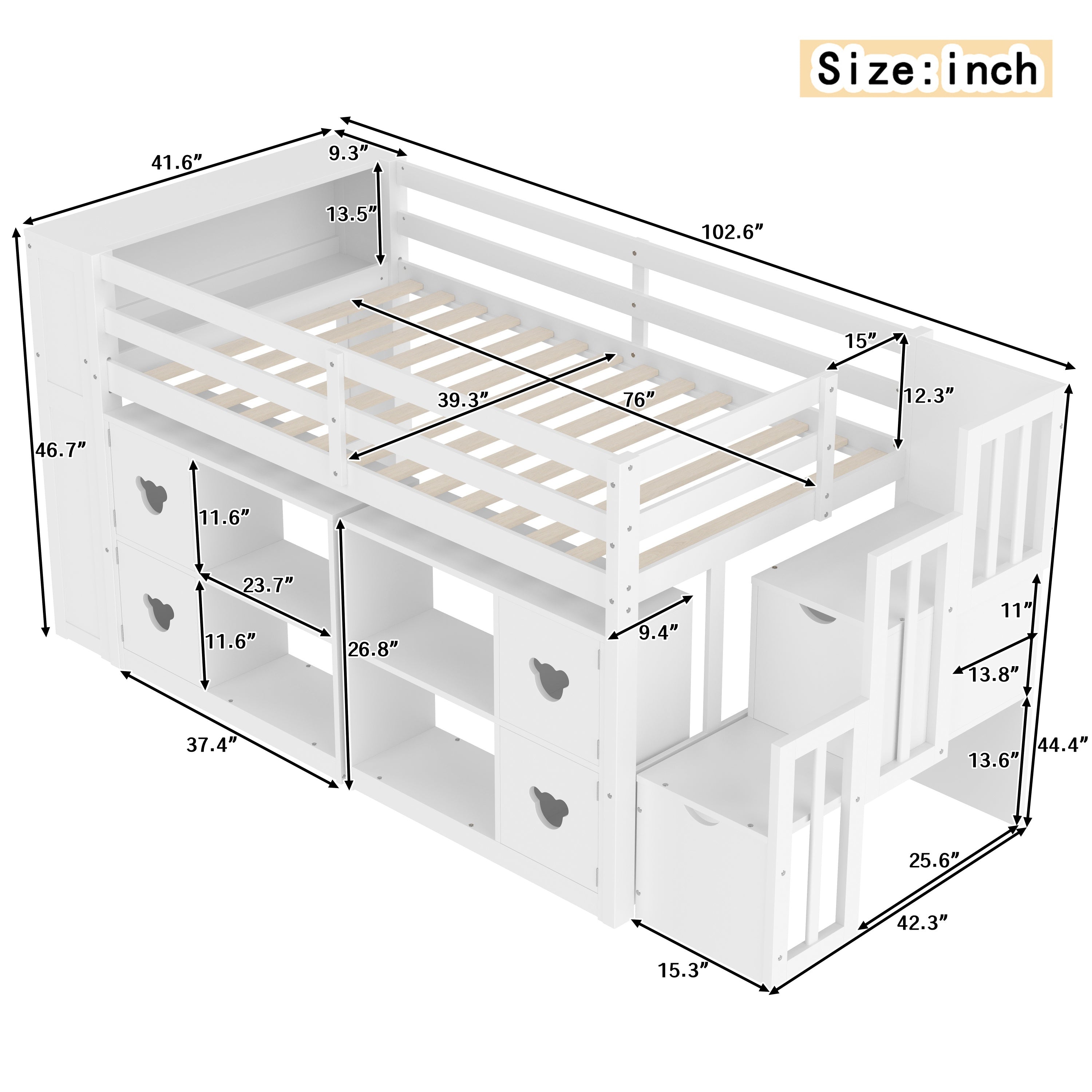 Kids Twin Loft Bed with Storage Cabinets, Staircase Drawers & LED Lights – Solid Wood Low Loft Bed with Shelves, Guardrails, and Fun Bear Handles – Space-Saving Design for Boys & Girls Bedroom (White)