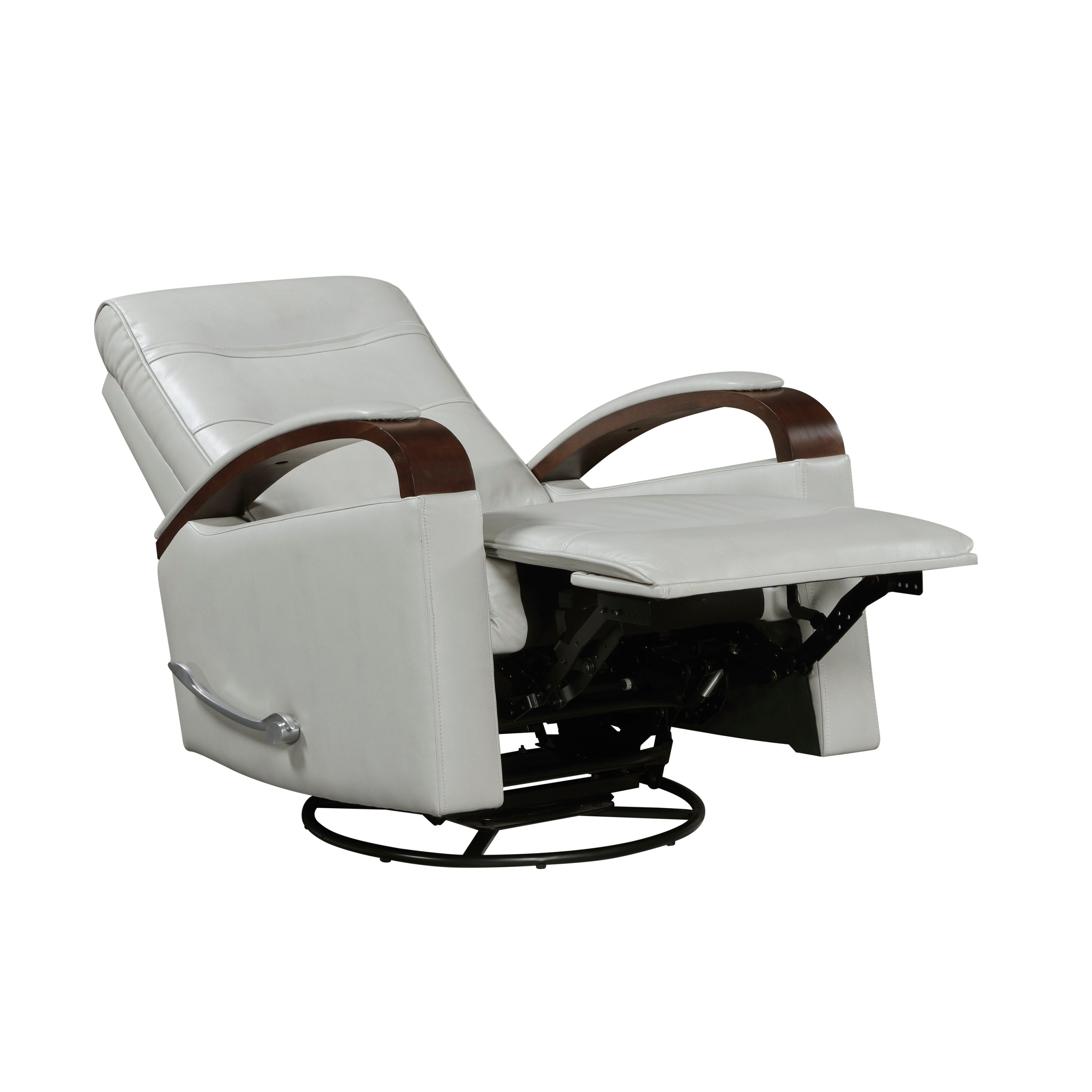 1pc Swivel Gliding Recliner Faux Leather Upholstered Solid Rubberwood Arms Luxurious Living Room Furniture, Smoke Color