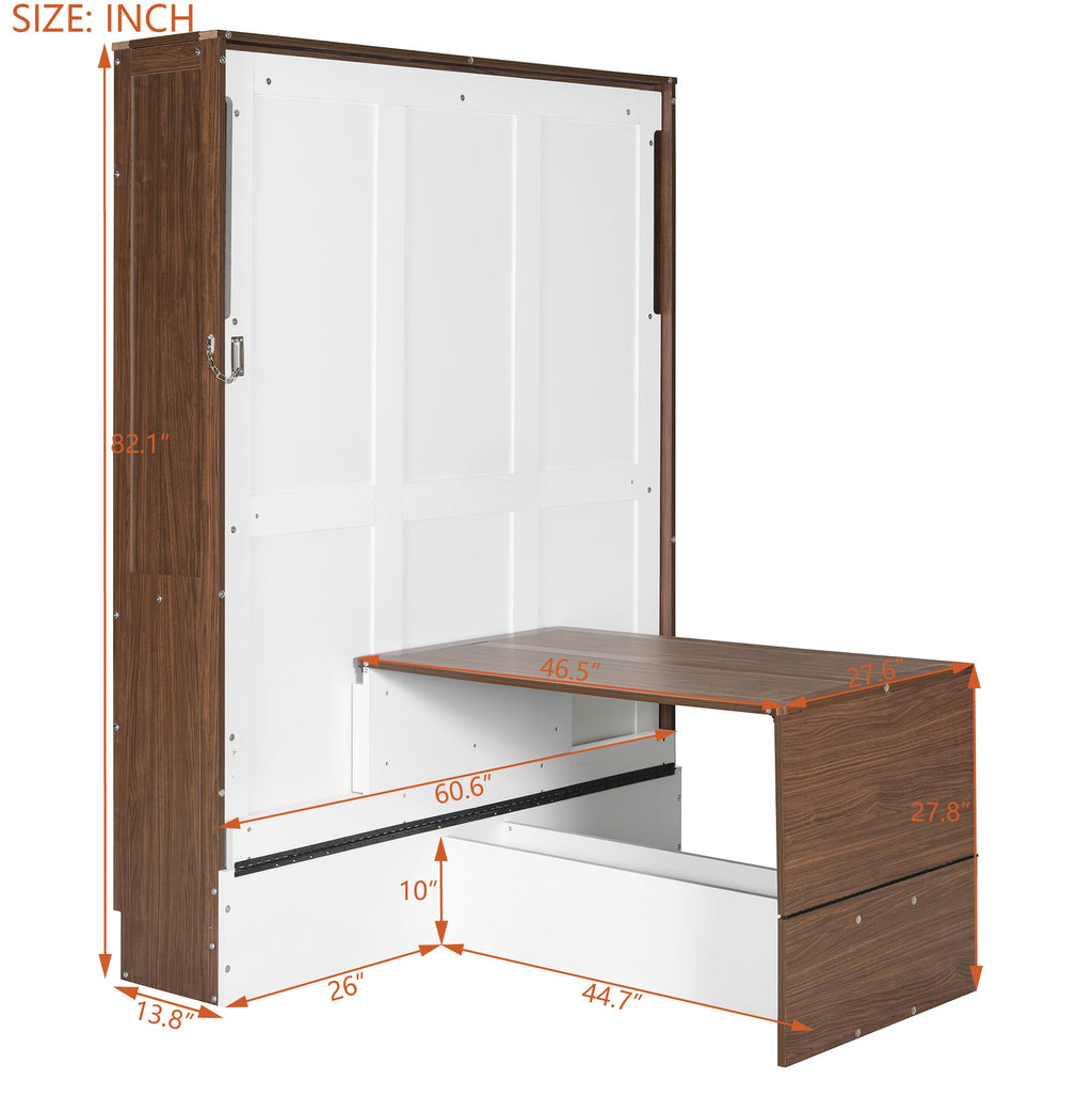 Full Size Murphy Bed with Foldable Desk – Space Saving Wall Bed - Walnut & White