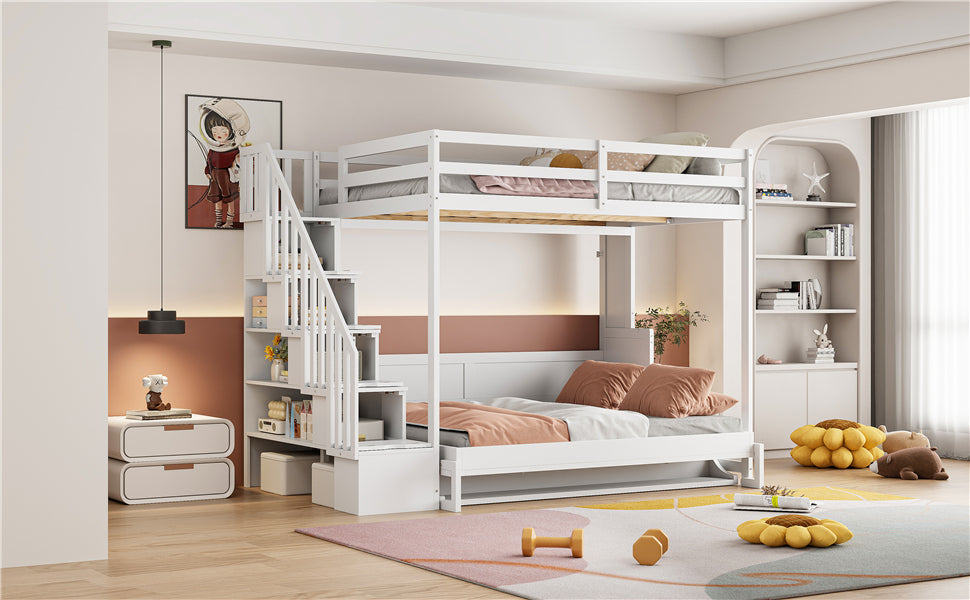 Full Over Full Size Murphy Bed with Hydraulic Lift & Desk Design, White