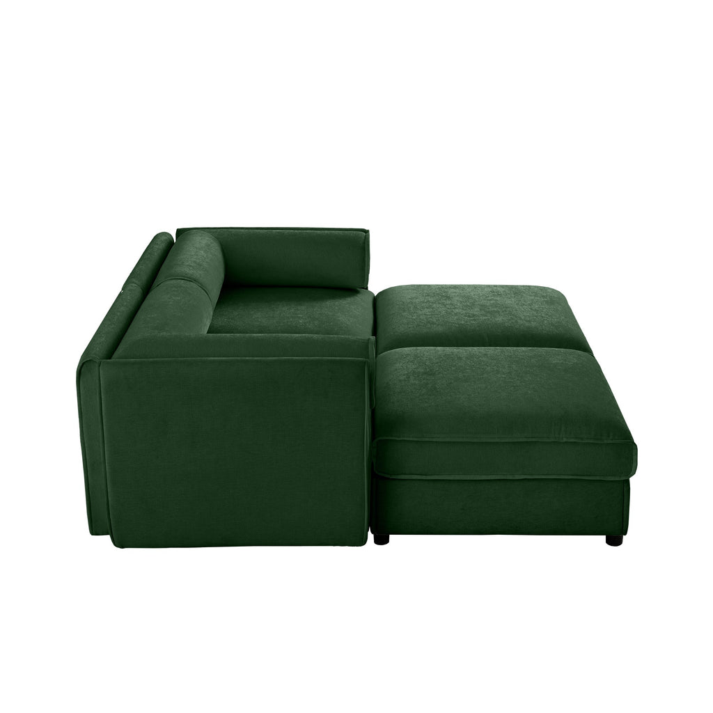 Stylish Green Chenille 2-Seater Sofa with 2 Ottoman Storage Seat, Cylindrical Backrest and Armrests, Modern Fabric Loveseat Featuring Hidden Storage Space