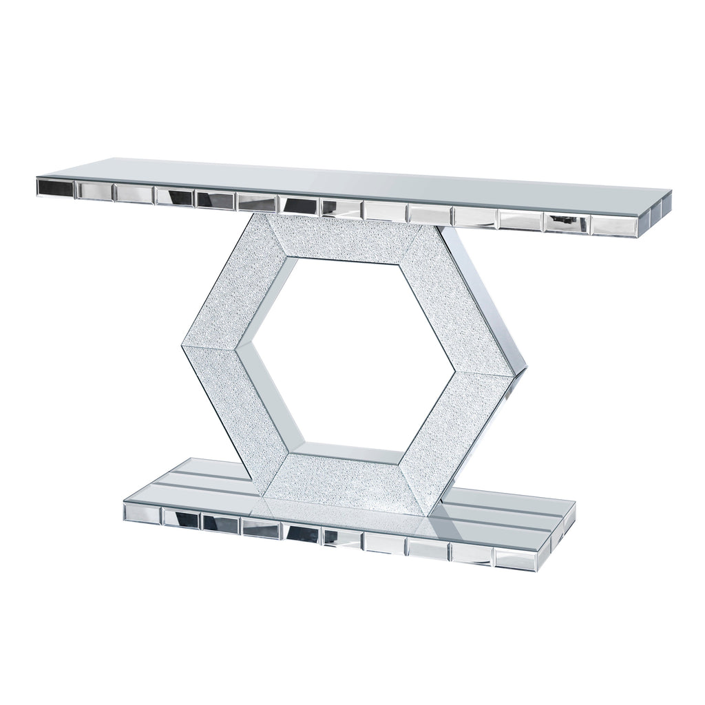 Sparkling Crystal Hexagon Mirror Entryway - Premium Modern Foyer Console Table with Diamond Glass Effects, Dual-Tier Luxury Sofa Table