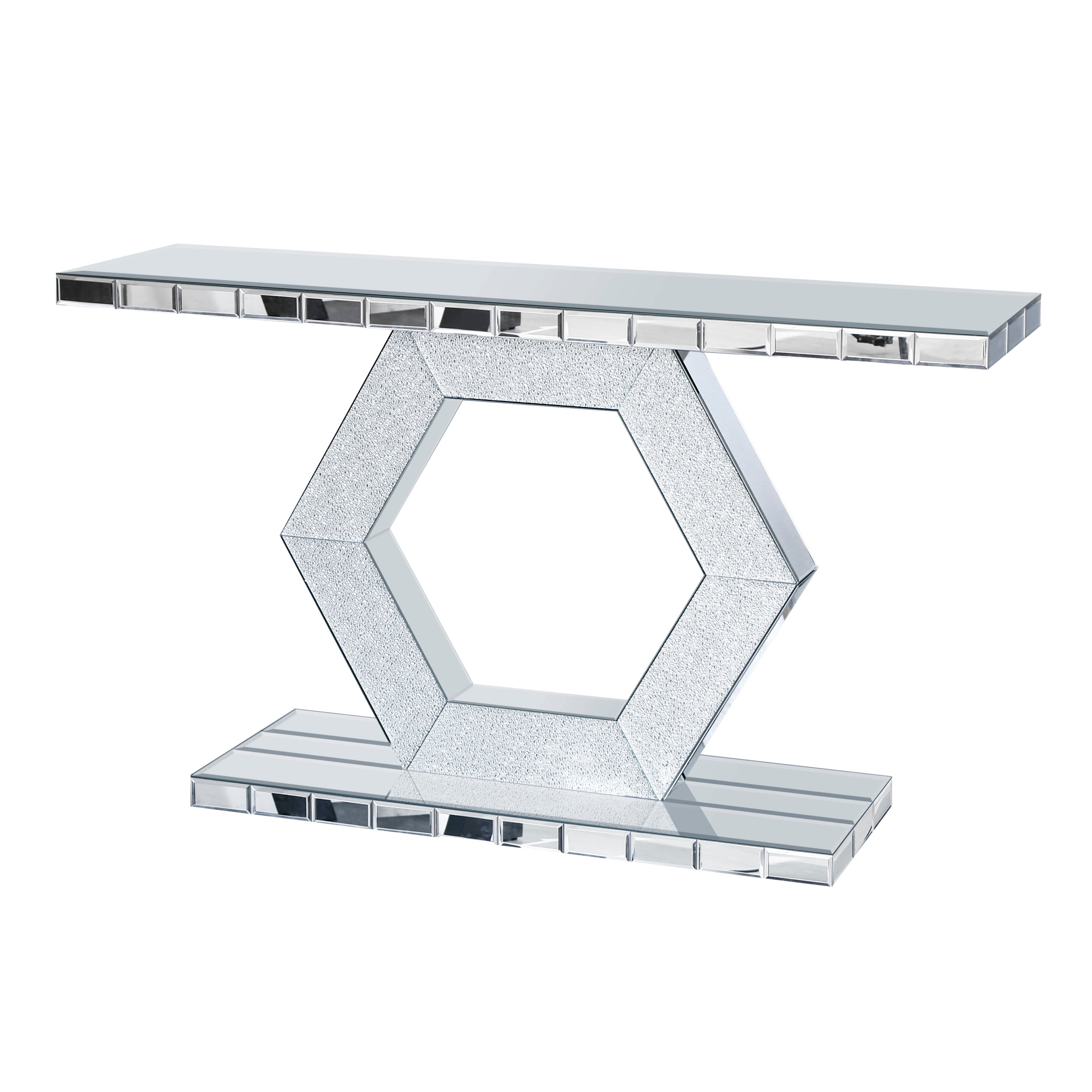 Sparkling Crystal Hexagon Mirror Entryway - Premium Modern Foyer Console Table with Diamond Glass Effects, Dual-Tier Luxury Sofa Table