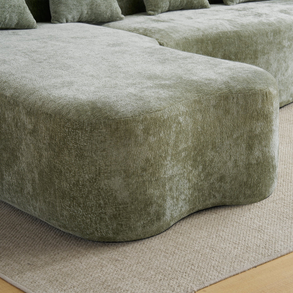 Full Compression L-Shape Sectional Sofa with Curved Chaise, Green Modular Chenille Couch, High-Density for Apartment Living Room