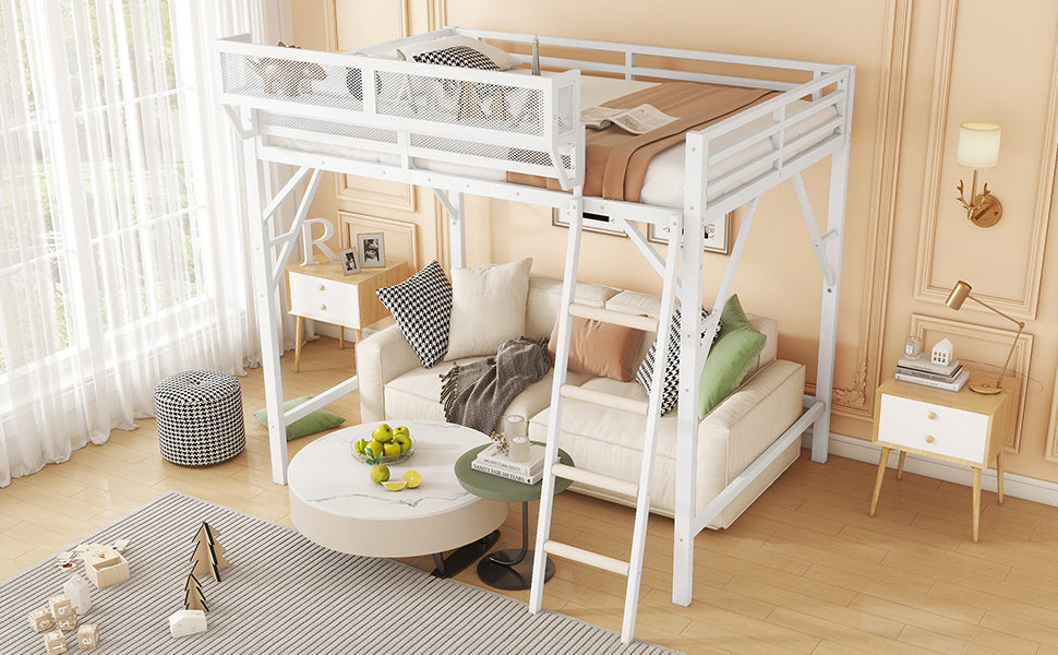 Queen Size Loft Bed with Ladder, Metal Queen Loft Bed with Storage Shelves, High Loft Bed for Kids Teens, White(Expect Arrival Date 2025/12/3  Old SKU W2580P351278)