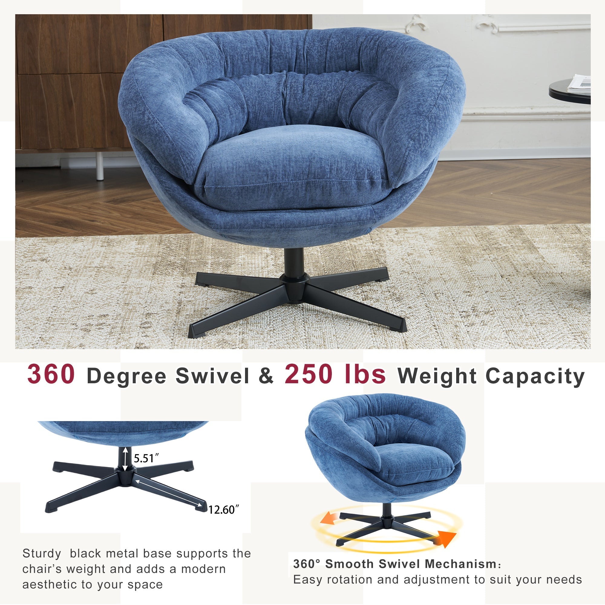 Modern Chenille Office Chair, 360° Swivel Accent Chair with Removable Cushion, Round Office Chair, Black Metal Base, Cotton Material, Living Room, Bedroom, Reading Corner, Office (Navy Blue)
