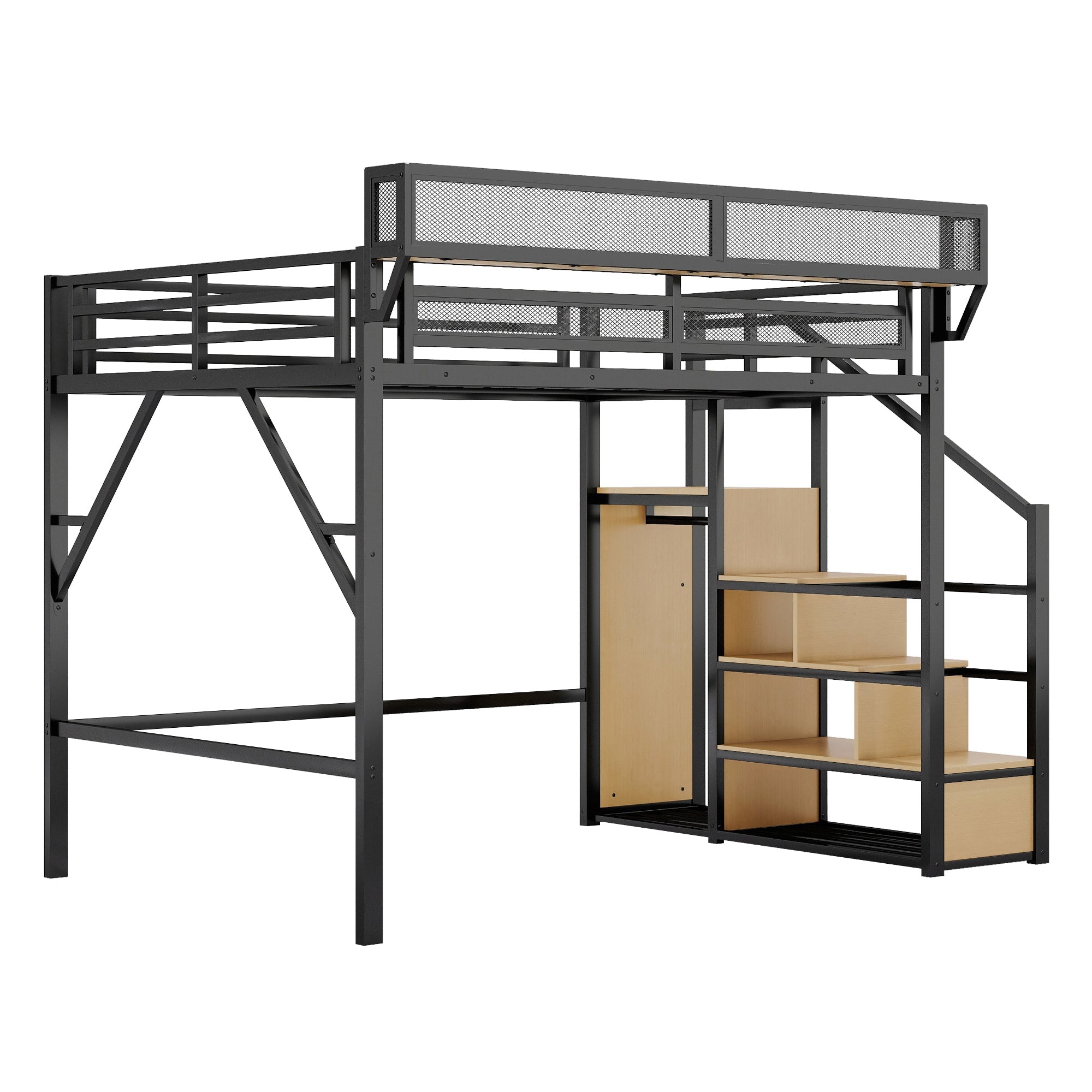 Queen Size Loft Bed with Stairs, Metal Queen Loft Bed with Storage Shelves, High Loft Bed with Wardrobe for Kids Teens Adults, Black(Old SKU W2580S00026 ) Patent Products